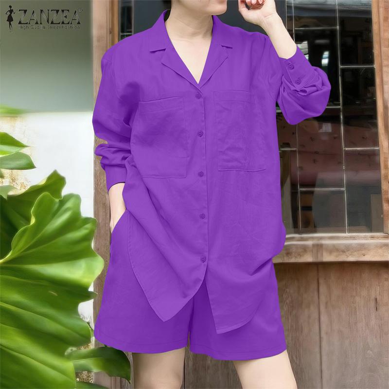 ZANZEA Women Turn Down Collar Long Sleeve Blouse Summer Shorts Two Piece Outfits