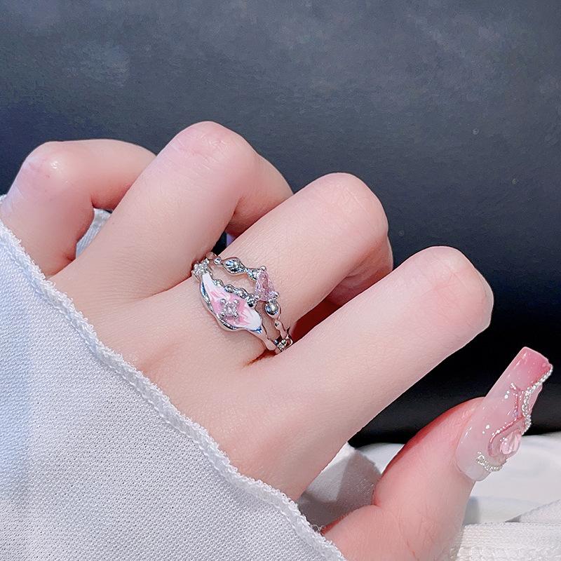 Pink Flower Dripping Oil Ring Niche Design Personalized Bird Light Luxury High-End Temperament Open Hand Jewelry