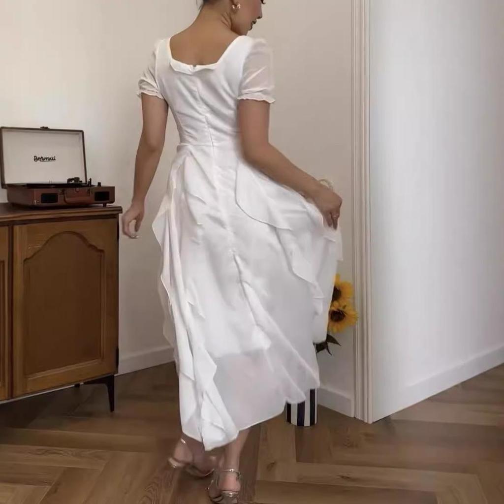 European & American Sexy Women's Square Neck Bubble Sleeve Ruffle Dress