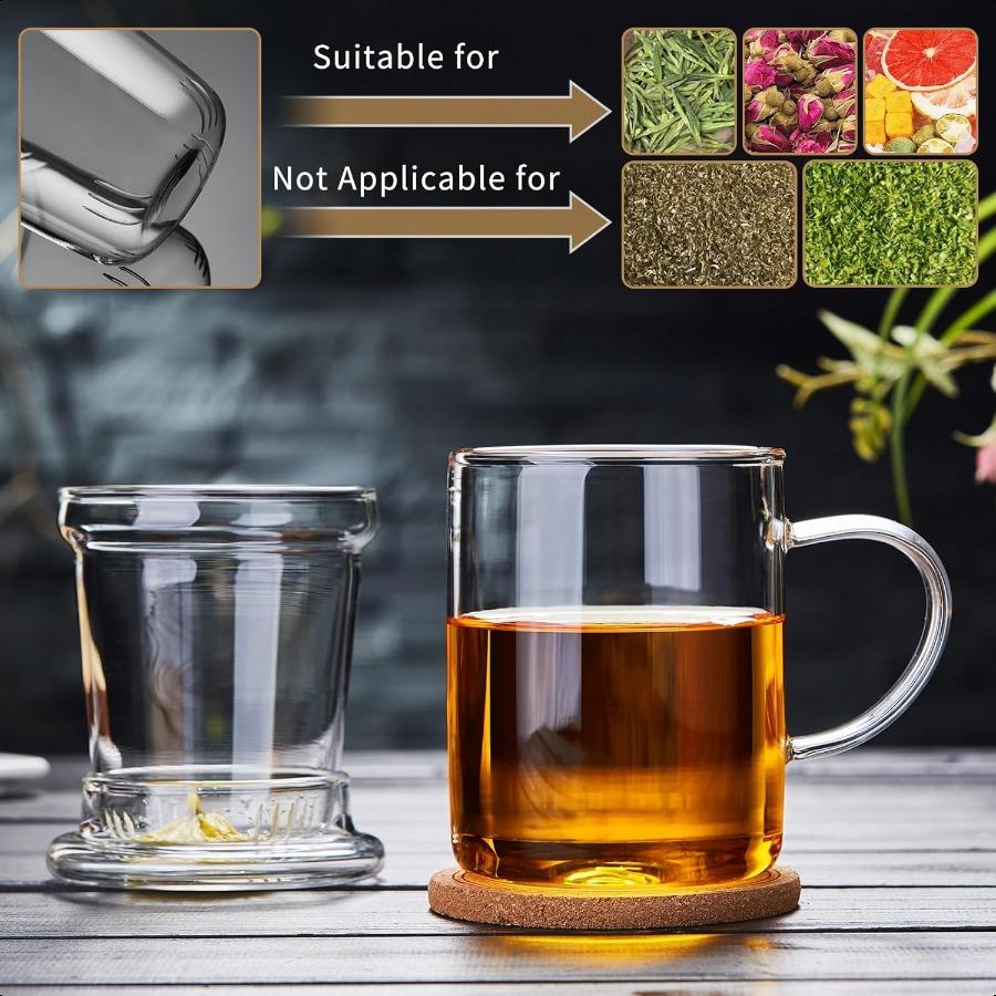 Teacup Glass Tea Cup with Infuser and Lid 17.6oz 520ml Clear Tea Mug for loose leaf tea steeper Blooming Tea Bags Glass Teapot
