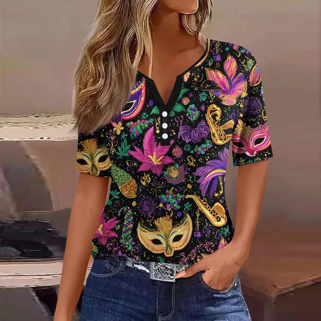 Damen-T-Shirt, T-Shirt, bedruckt, Knopfleiste, kurzärmelig, für den Alltag, Wochenende, modisch, Basic, V-Ausschnitt, normales Oberteil