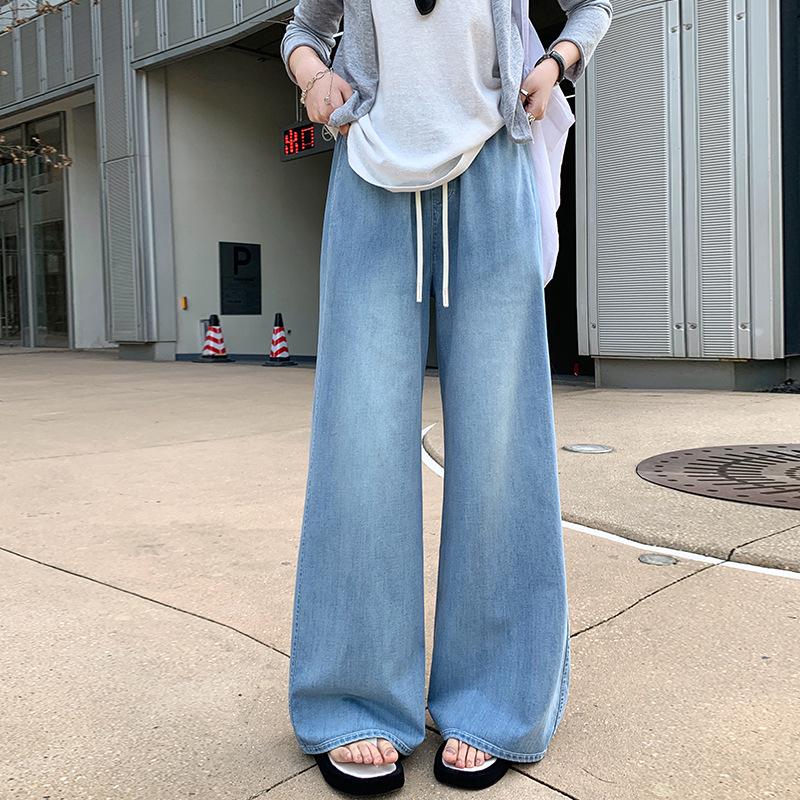 

Women s Light Blue Wide-Leg Jeans: Spring 2026 Elastic Waist, Floor-Length, Slight Flare Drawstring Pants Small