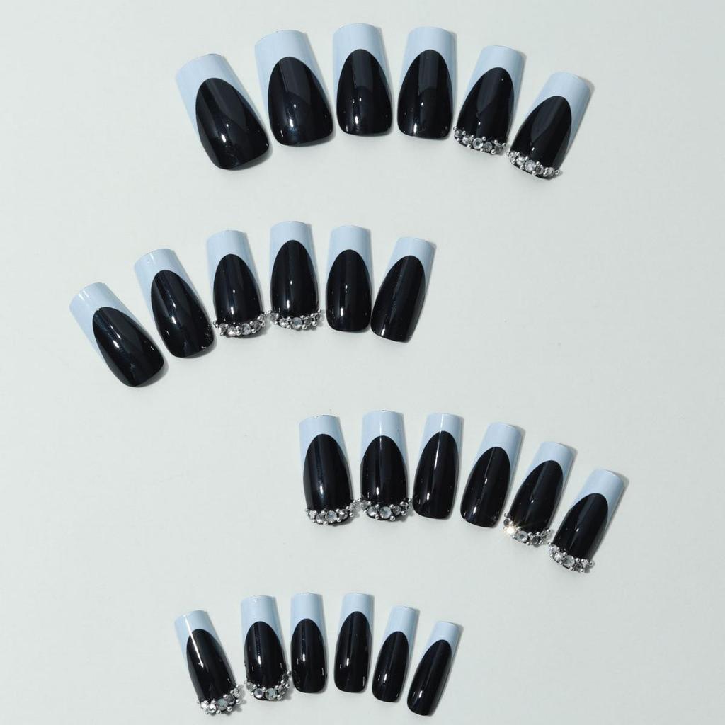 Black French Manicure Full Diamond Wearable Nail Stickers - 24-Piece Set