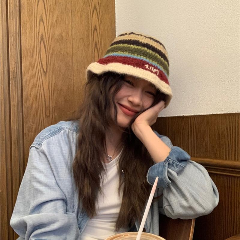 Popular Crochet Stripe Hat Knitting Fisherman Hat Handmade Knit Skull Hat Ins Style Beanies Hat Girls Casual Bucket Hat