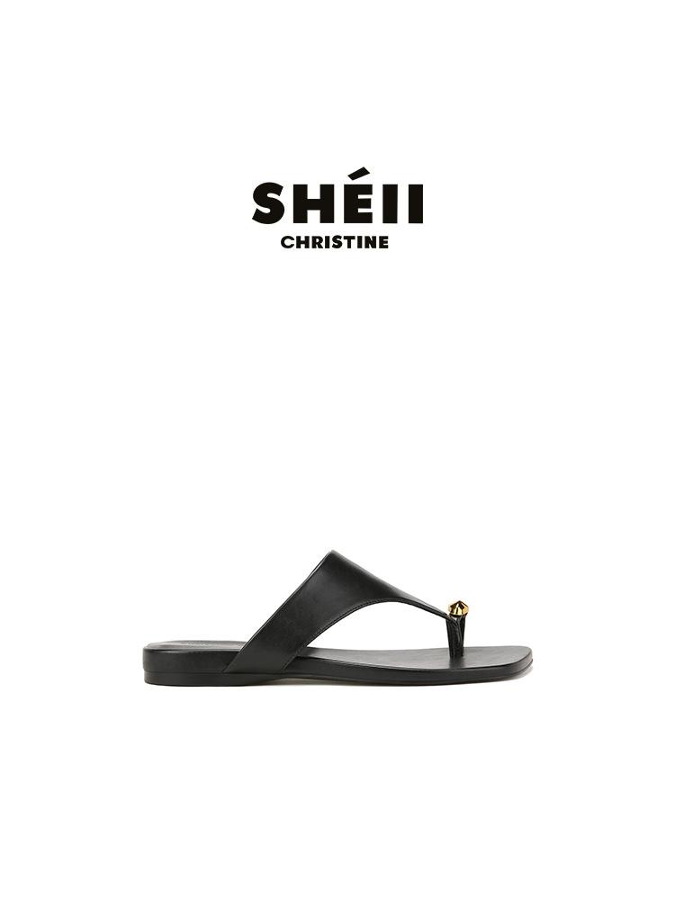 Sheepskin Su Yinyin Small Gold Buckle Slippers Women's Summer Wear Square Head Cover Toe Holiday Beach Flat-bottomed Herringbone Cool Slippers