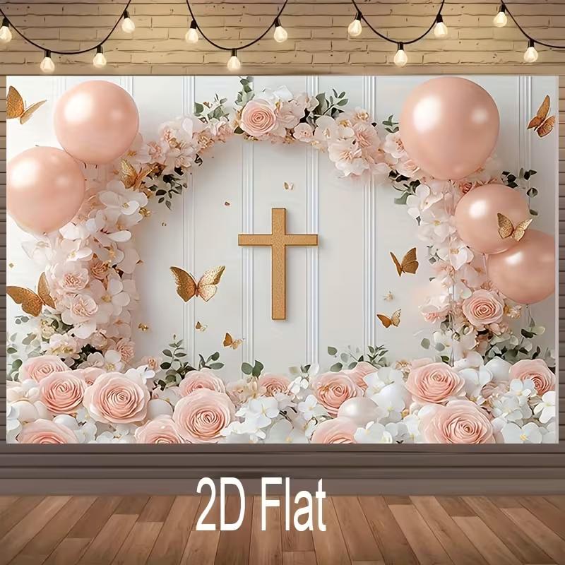 2D Pink Floral Cross Backdrop, First Communion Girl Party Photo Background