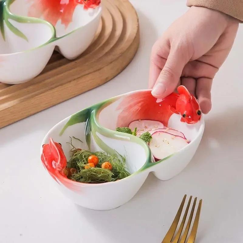 Koi Ceramic Dividing Bowl Underglaze Colored Goldfish Double Grid Plate Snack Dried Fruit Platter Household Side Dishes Bowl