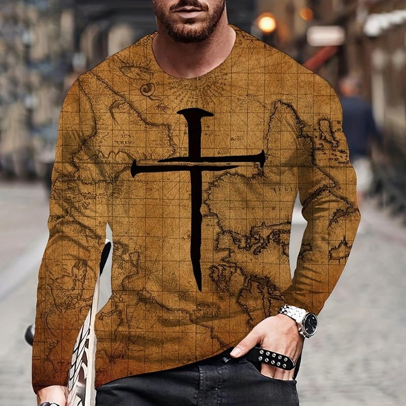Vintage Herren Langarm T-Shirt Mode Kreuzmuster Langarm 3D Kleidung Seekarte Print Street Harajuku Übergroß