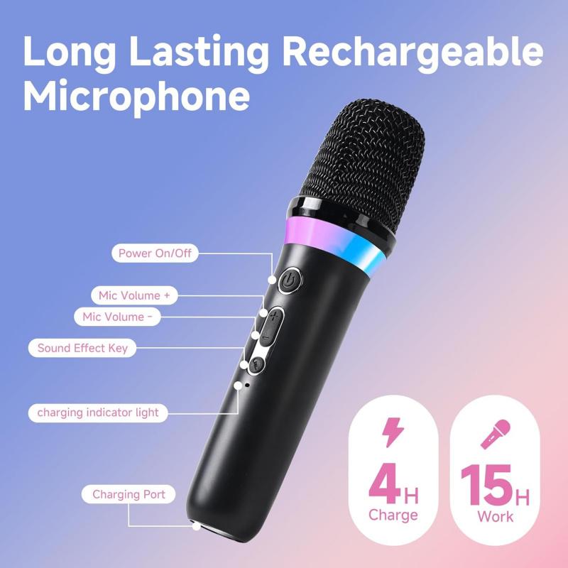 Microfon Karaoke, Microfon Dublu Portabil Reîncărcabil cu Receptor Aux in și Out de 3,5 mm, Microfon Karaoke cu Control al Volumului pentru Cântat, Vorbire, Acasă