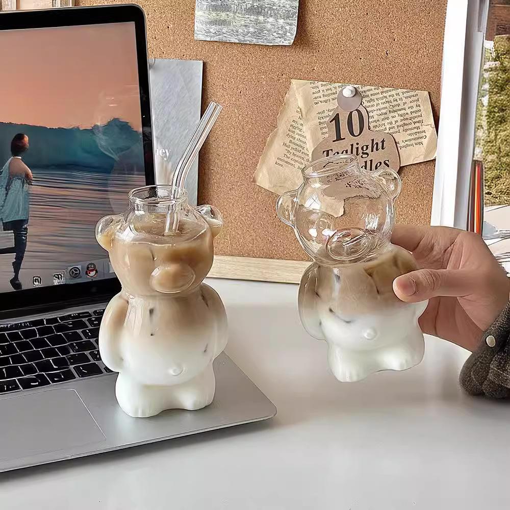 Cartoon Bear Shaped Glass Cup With Straw 300ml Transparent Juice Cocktail Glass Cup Restaurant Home Coffee Milk Cup 1/2pcs
