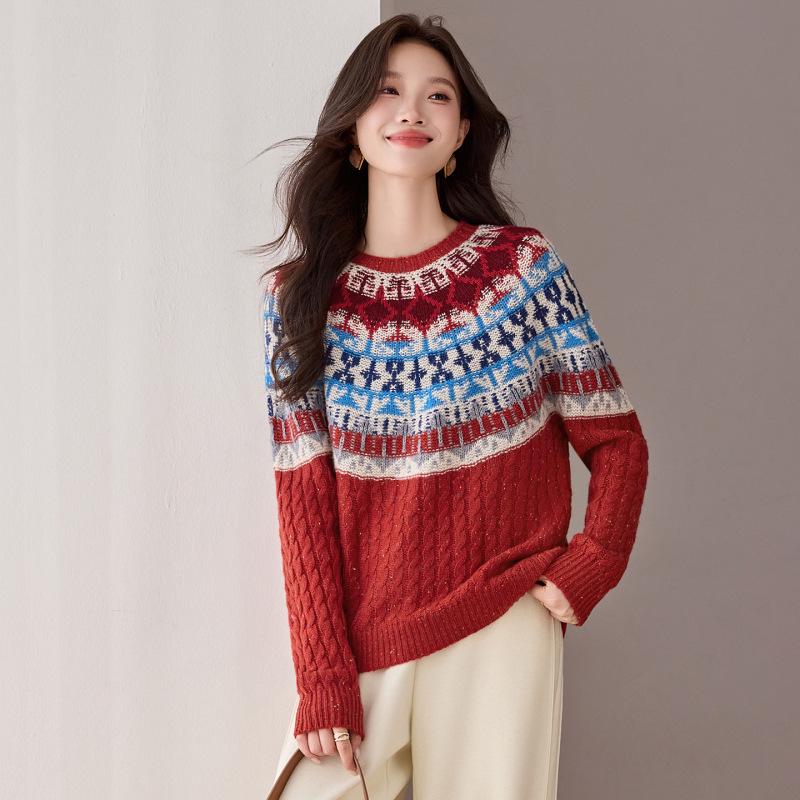 Women's Color-Blocking Wool Pullover Sweater - Stylish Loose Fit for Autumn and Winter