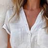 Women Shirt V-Neck Buttons Half Placket Short Sleeve Shirt Tops Solid Color Patch Pockets Loose Fit Summer Casual Shirt
