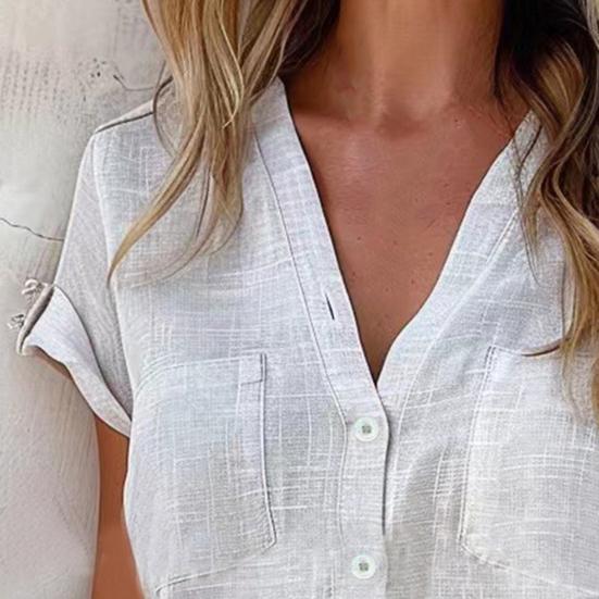 Women Shirt V-Neck Buttons Half Placket Short Sleeve Shirt Tops Solid Color Patch Pockets Loose Fit Summer Casual Shirt