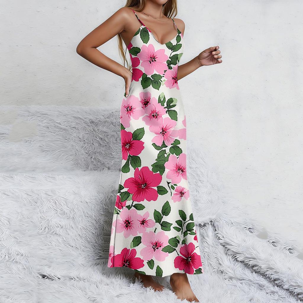 Ladies' floral nightgown sexy suspender nightgown slit sexy thin home outfit