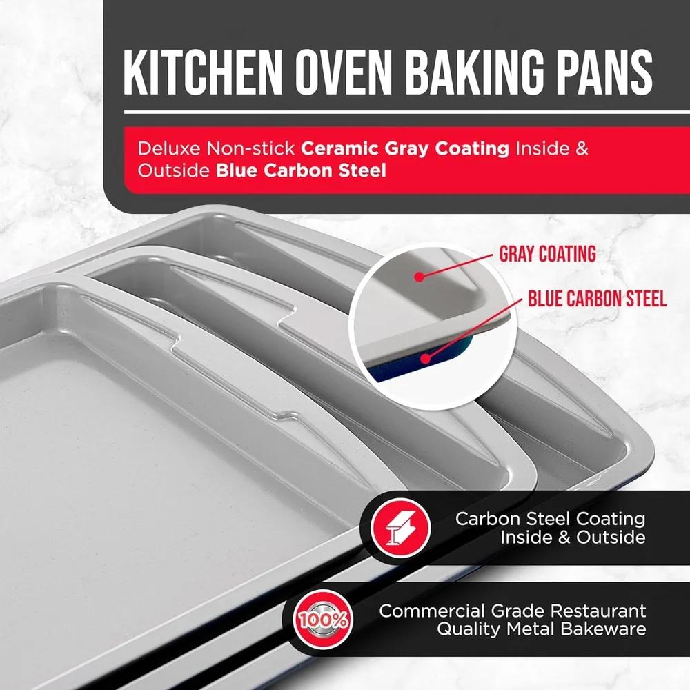 Bakken Swiss Cookie Sheet 3 Piece Set Non-Stick Stackable Baking Pans Deluxe Ceramic Coating – Dishwasher Safe Home Baking