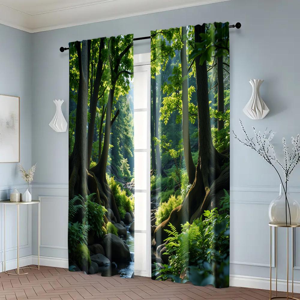 Set Of 2 Popular Curtain Panels Green Forest Print Versatile Polyester Without Rod All Seasons Use Kitchen Living Room Ideal For Great
