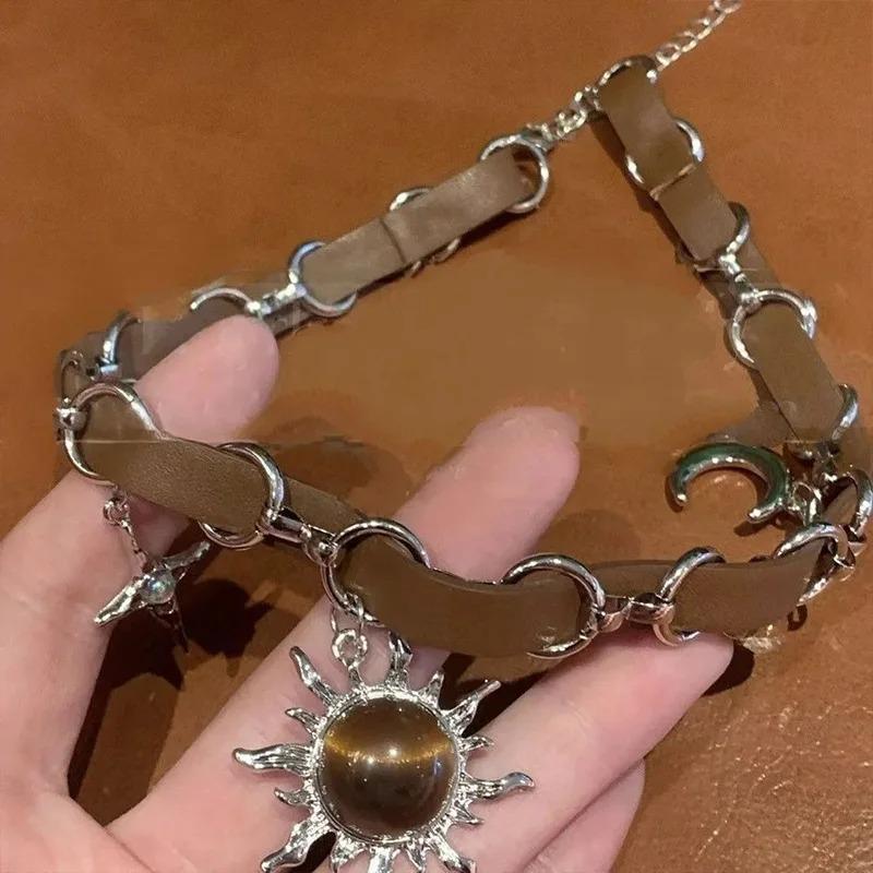 Punk Gothic Leather Sunflower Brown Necklace Stars Moon Vintage Pendant Chocker Necklaces for Women Fashion  Couple Gift