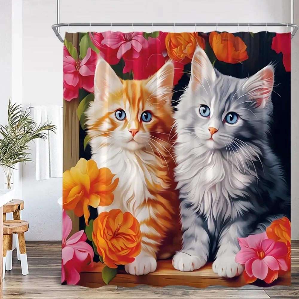 Cute Cat Shower Curtain Flower Cartoon Animal Sunflower Plant Floral Bathroom Home Decor Modern Polyester Bath Curtain with Hook