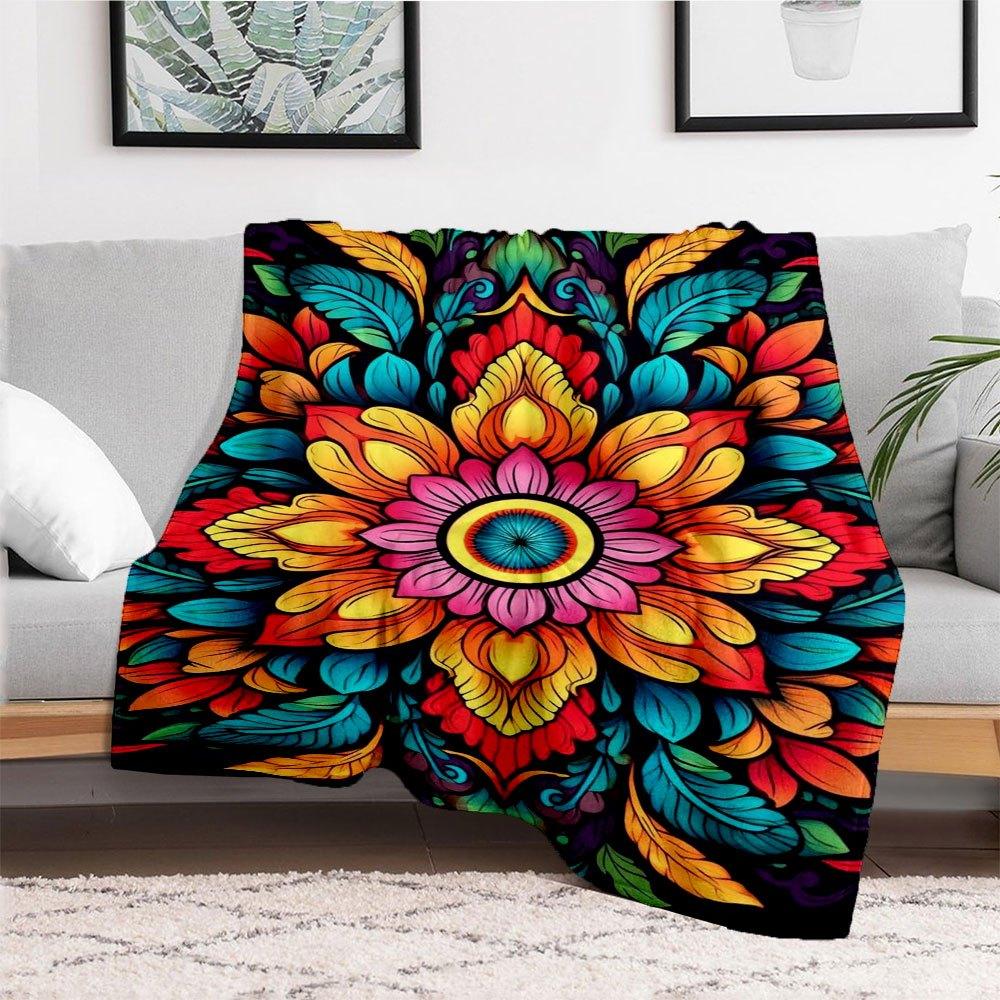 "Vibrant Mandala Art Print: Colorful Floral Design for Home Decor"Blanket Flannel Throw Blanket for Sofa, Bed, Travel, Camping, Office, Couc