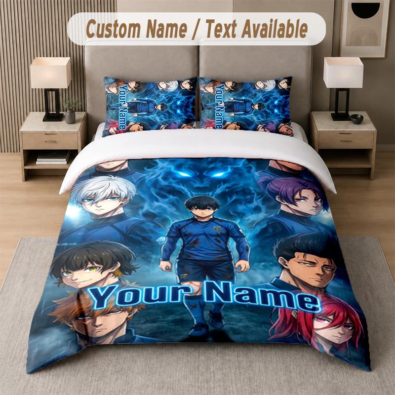Blue Lock 3Pcs Bedding Set, Personalized Custom Name Text, 1 Duvet Cover & 2 Pillowcases For Bedroom