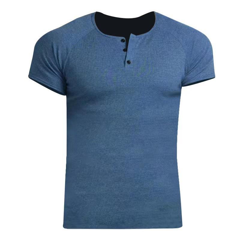 Men's Retro Cotton Henley Shirt - Coarse Thread 230g, Solid Color, Short-Sleeve Fitness Top