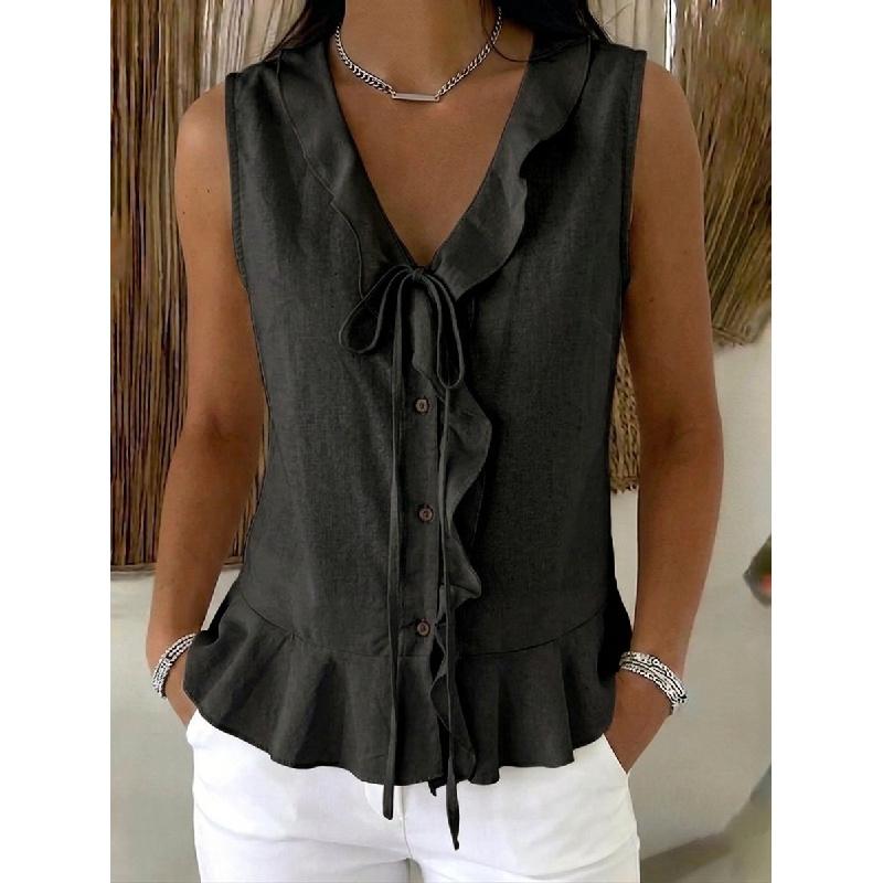 2026 Summer New V-neck Ruffle Trim Tie Sleeveless Top Women's Casual T-shirt