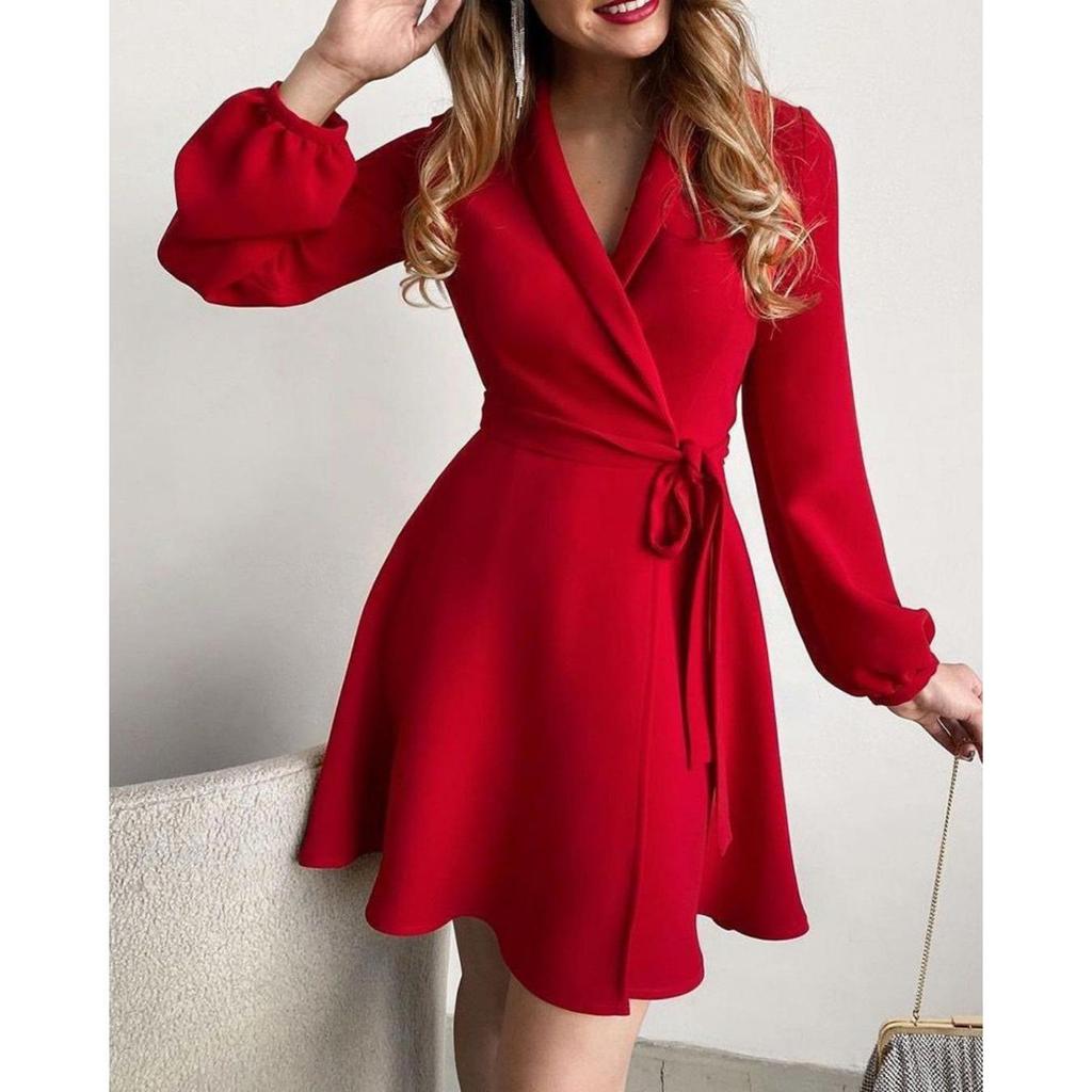 Kleid mit Blumenmuster und Umlegekragen, Taillenbetontes, elegantes Schnürkleid für Damen, langärmelige, lockere Kleider, lässiges, rückenfreies Kleid