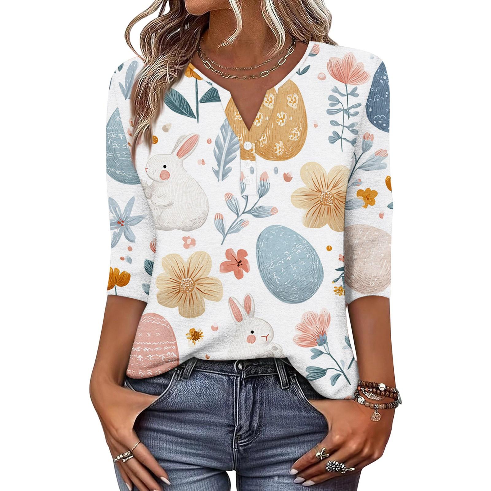 

Women s Fashionable And Casual Easter Bunny And Egg Print V-neck Button-down Three-Quarter Sleeve T-shirt Top XL
