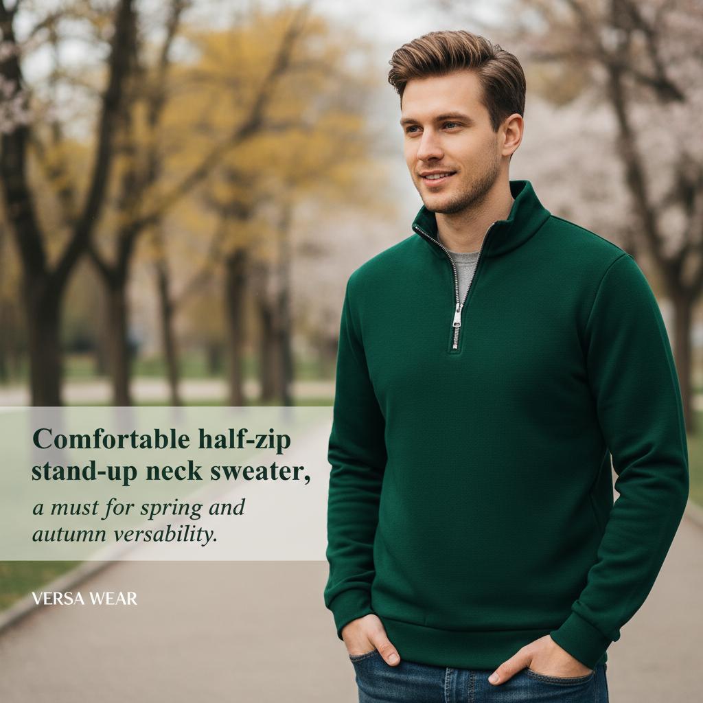 Men's Quarter Zip Pullover Sweater - Solid Color Long Sleeve Casual Top Slim Fit Half Zip Sweatshirt for Autumn & Winter Outwear