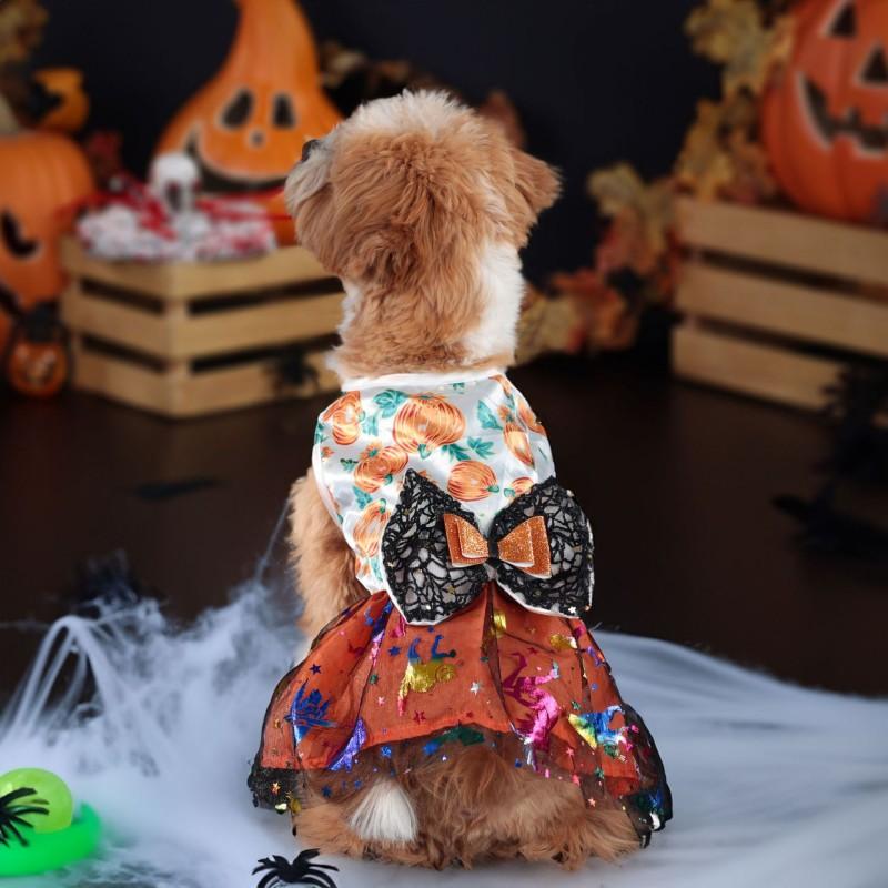 Halloween-Hundekleid mit Kürbismuster und Schleife, lustiger Rock, Chihuahua, Bichon, Hundekleider, Festival-Welpenkostüm, Haustier-Katzen-Hundekleidung