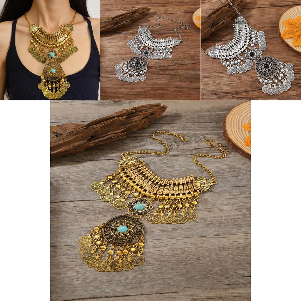 Classic Gold Silver Finish Coin Tassel Necklace With Geometric Pendant For Festival Wear