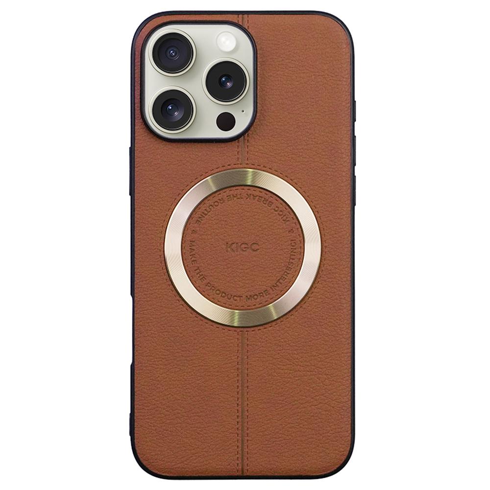 

KIGC For iPhone 16 Pro Max Case Compatible with MagSafe Litchi Texture Leather Coated PC+TPU Phone Cover Brown