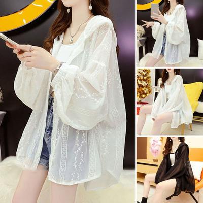 Chemise de soleil à manches longues et fermeture éclair pour femme, grande taille, couleur unie, à capuche, en dentelle, coupe fine, courte, printemps et été