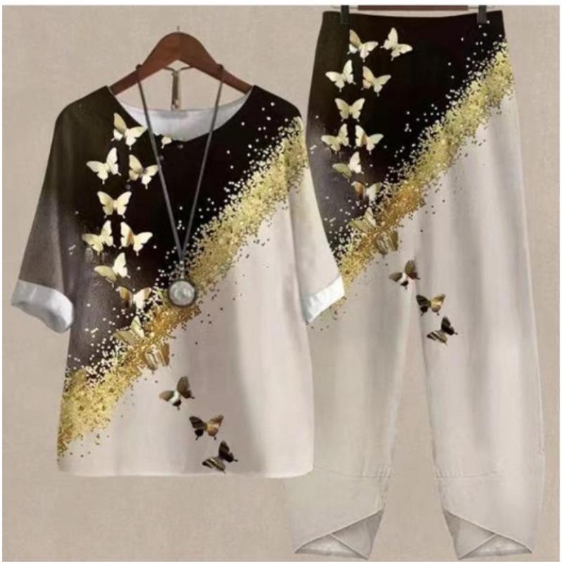 Sommer Lässige Zweiteiler Damen Locker Kurzarm T-Shirt High Waist Hose Print Outfits Damen Elegant Vintage Oberteil Hosenanzug