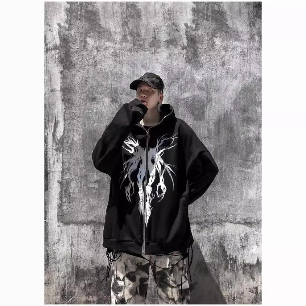 Harajuku Y2K Devil Wings Hoodie Jacket In Black – Unisex Autumn Style with Zipper and Hood