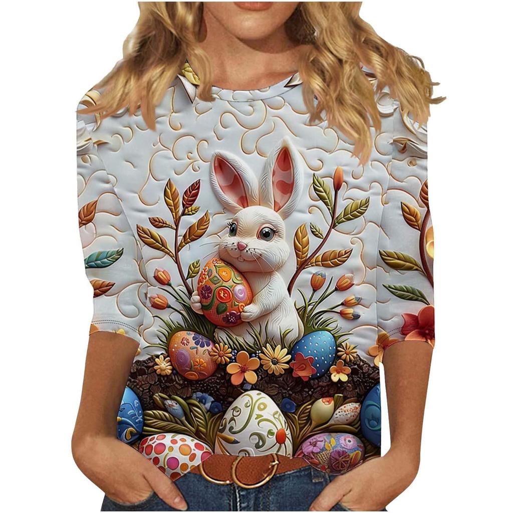 Round Neck 3D Rabbit Printed Top Fashionable Casual Long Sleeved Women's T-shirts