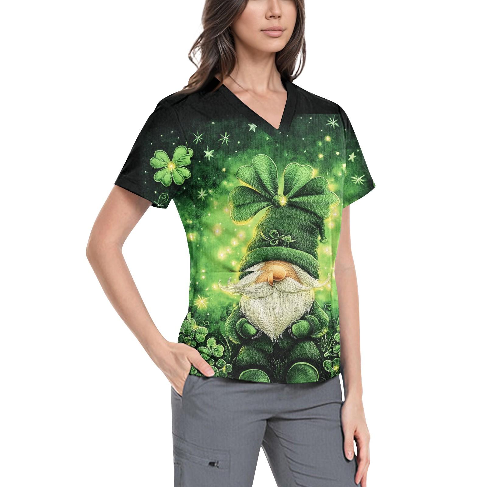 

Женская симпатичная принтованная рабочая одежда с V-образным вырезом, двухслойными карманами, базовым коротким рукавом, пуловером M