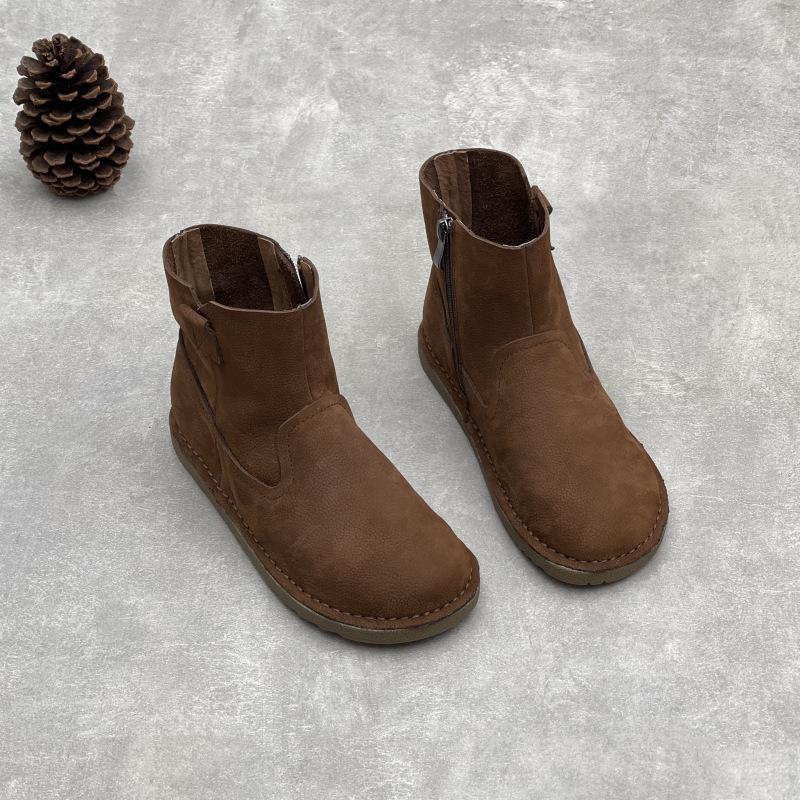 Johnature Retro Ręcznie Robione Skórzane Botki z Okrągłym Noskiem Proste Miękkie Skórzane Damskie Botki