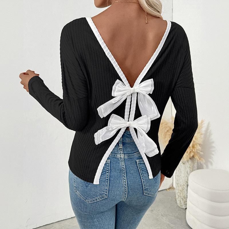 Women s Fashion Sexy Backless Bow Design Long Sleeve T-Shirt Top S