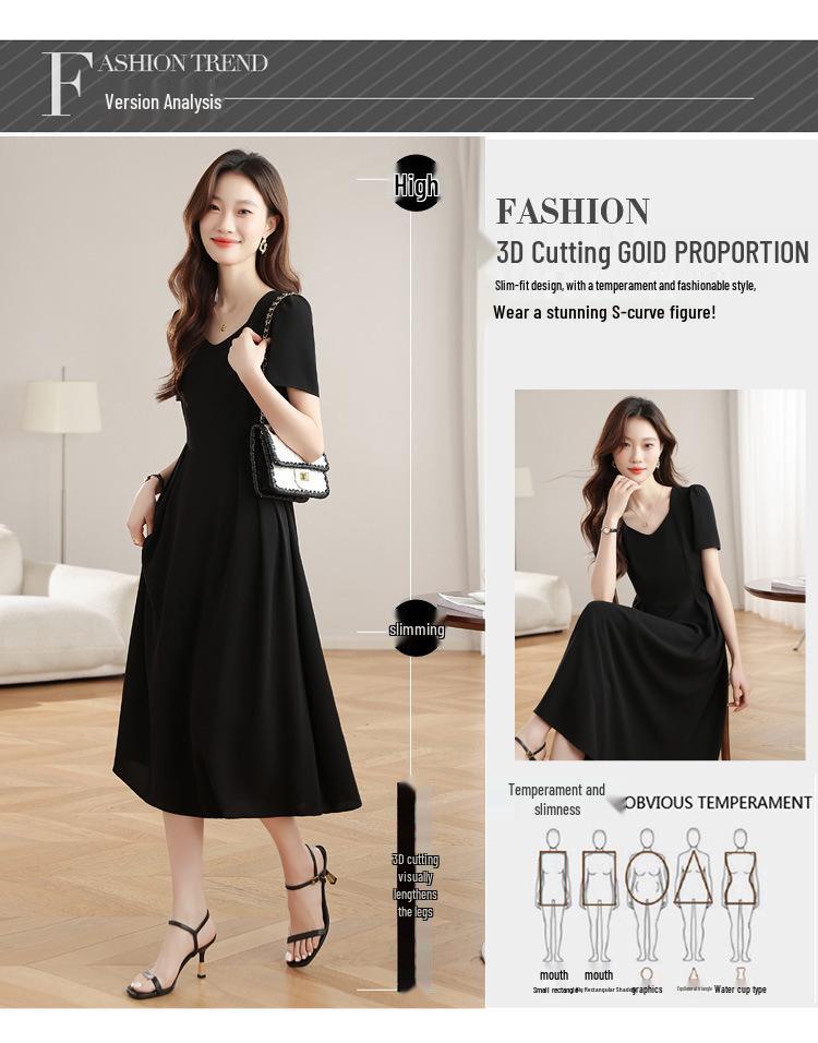 Hepburn-Inspired Women's U-Neck A-Line Summer Dress, Short-Sleeve, Slimming, Waist-Cinching, Long Style