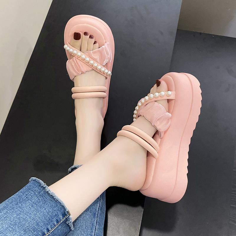 fashion Women Pearl Wedge Sandals Summer 2024 Chunky Platform Slippers for Woman Thick Bottom Beach Flip Flops Gladiator Sandalias Mujer