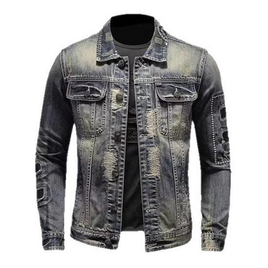 Pánska americká retro patchworková džínsová bunda, kórejská úzka strih, trendy európsky pouličný štýl pre nočné kluby a jazdu na motocykli.