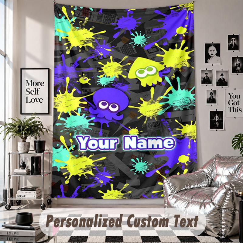 Wall Hanging Tapestry With Custom Name & Text, Splatoon Decorative Tapestry For Bedroom