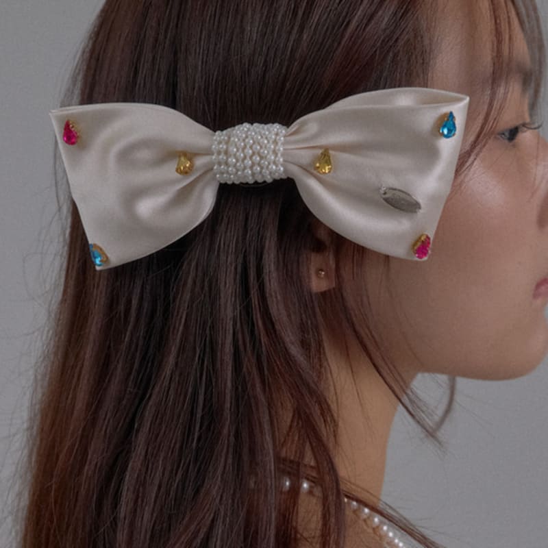SORRY TOO MUCH LOVE Crystal Gem Satin Bow Hairpin_Cream