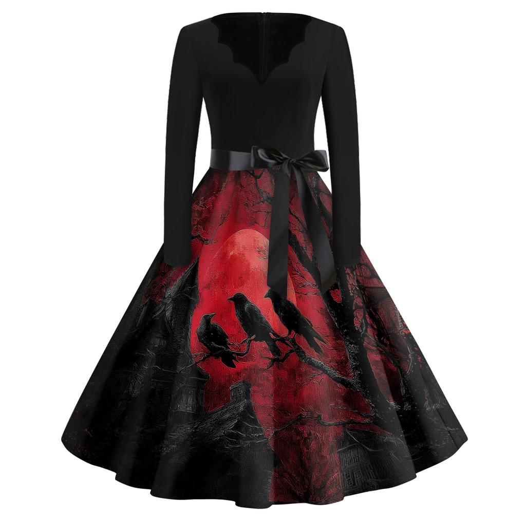 Women's Vintage Halloween Print V-Neck Dress, Casual Party Outfit for Celebrations