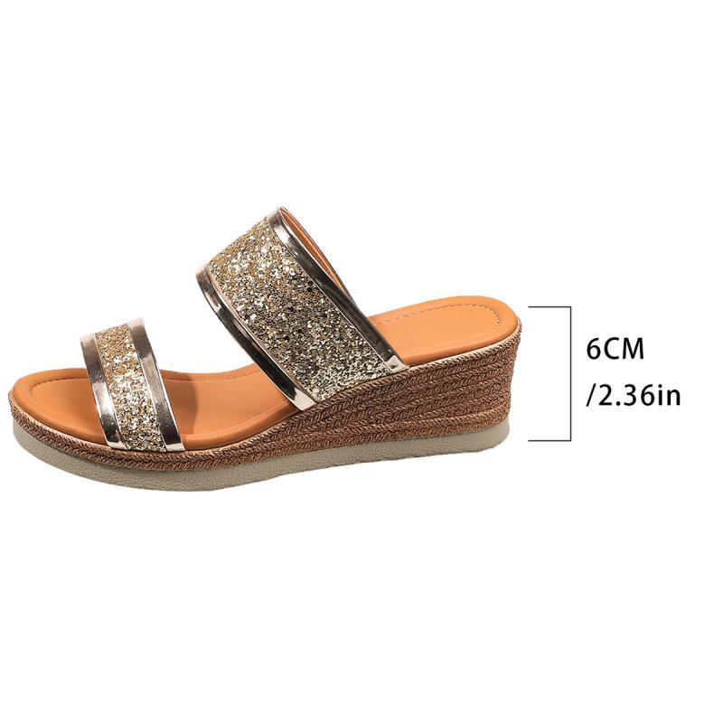 Fashion Leisure Gold Glitter Straps Slides Women 2025 Summer Chunky Platform Wedges Slippers Women Round Toe High Heels Sandals Women