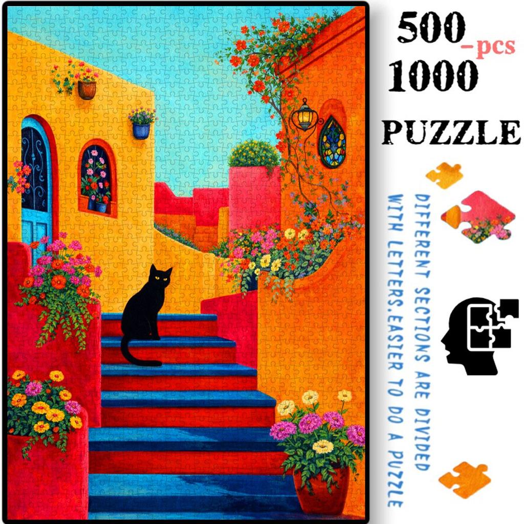 500pcs-1000pcs, Handmade Jigsaw Puzzle, Paper Puzzle, DIY Puzzle, White Card Material, Mediterranean Style Colorful Architecture with Black Cat, White