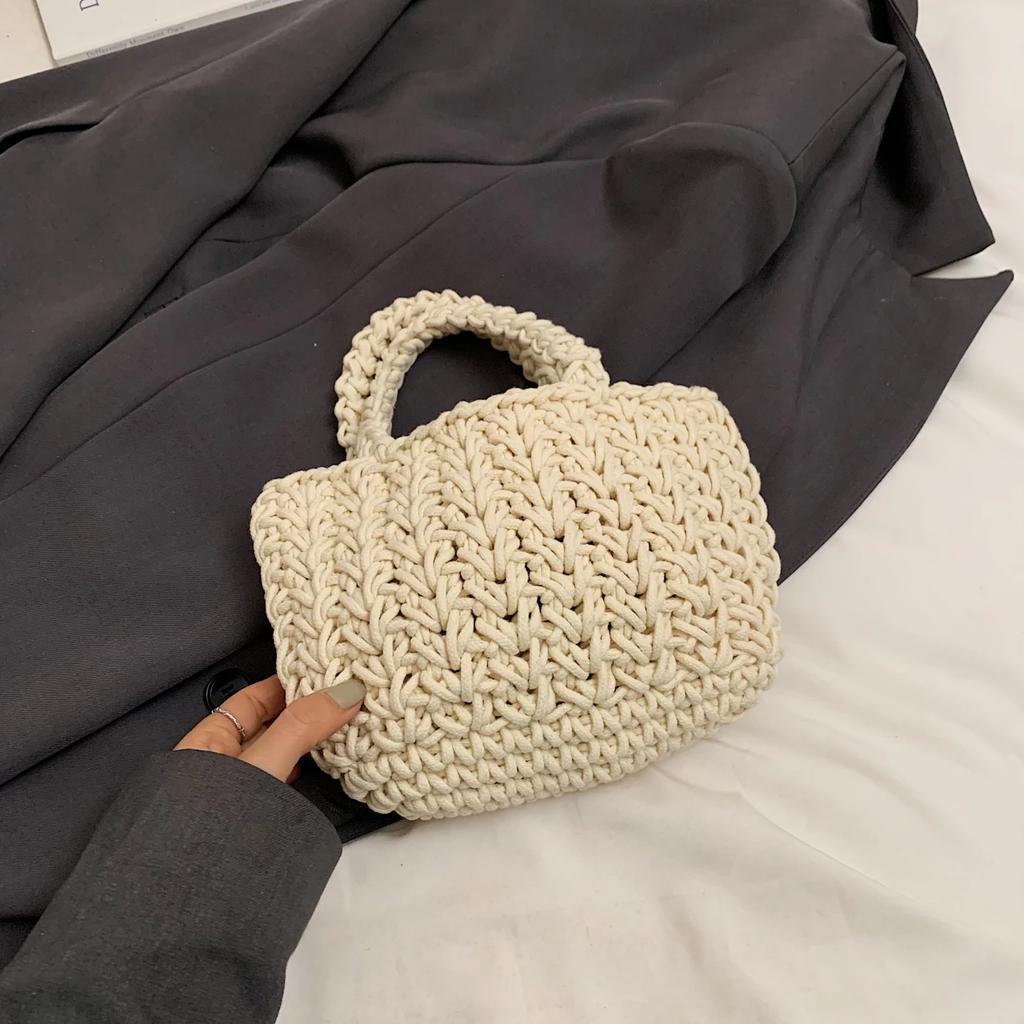 Knitting Basket Bag Women Handbag  Summer Beach Bag Boho Polyester Rope Handmade Woven Bag Female Designer Hand Bag