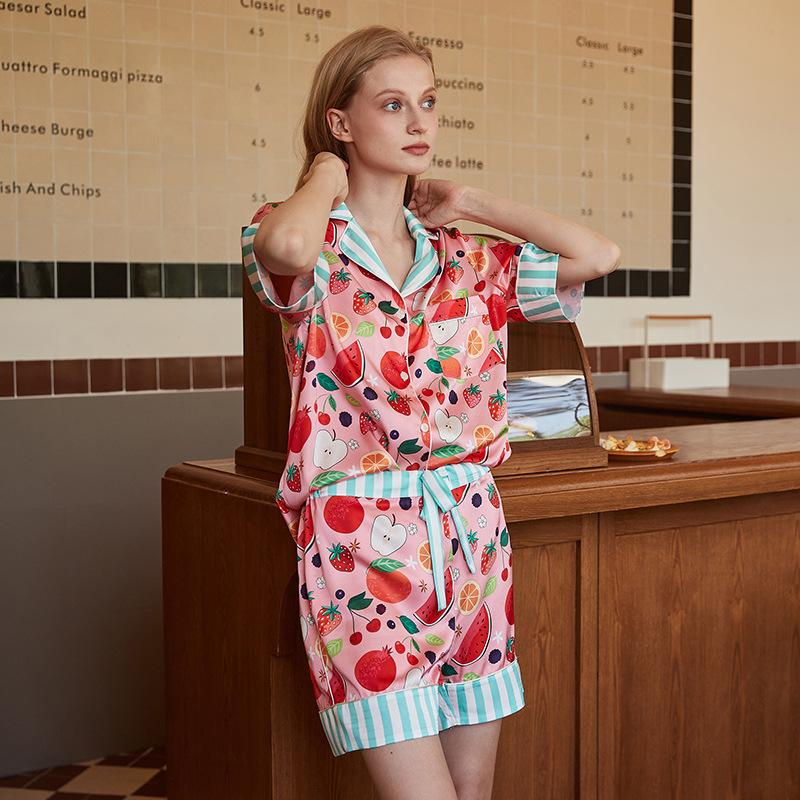 [Summer Fruit] Ice Silk Pajamas Women s Spring Summer Short Sleeve Summer Fresh Thin Homewear Set S