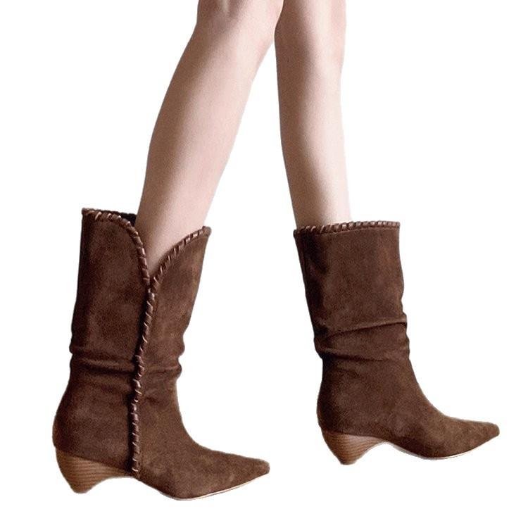 Französisches Nischendesign Stiefel mit Blockabsatz Kaschmiroberfläche 2025 Winter spitze Zehen mittelhoher Absatz Leder-Mid-Boots Kinder